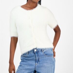 Women's Eyelash-Knit Short-Sleeve Fuzzy Cardigan,  White Size M